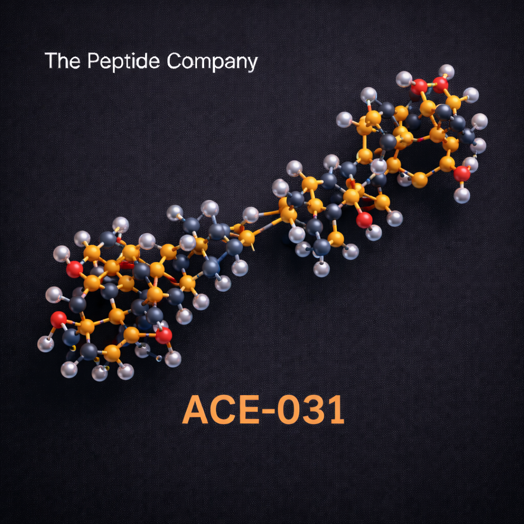 3D molecular structure illustration of ACE-031, a myostatin inhibition research compound, shown against a dark background with labeled peptide model.
