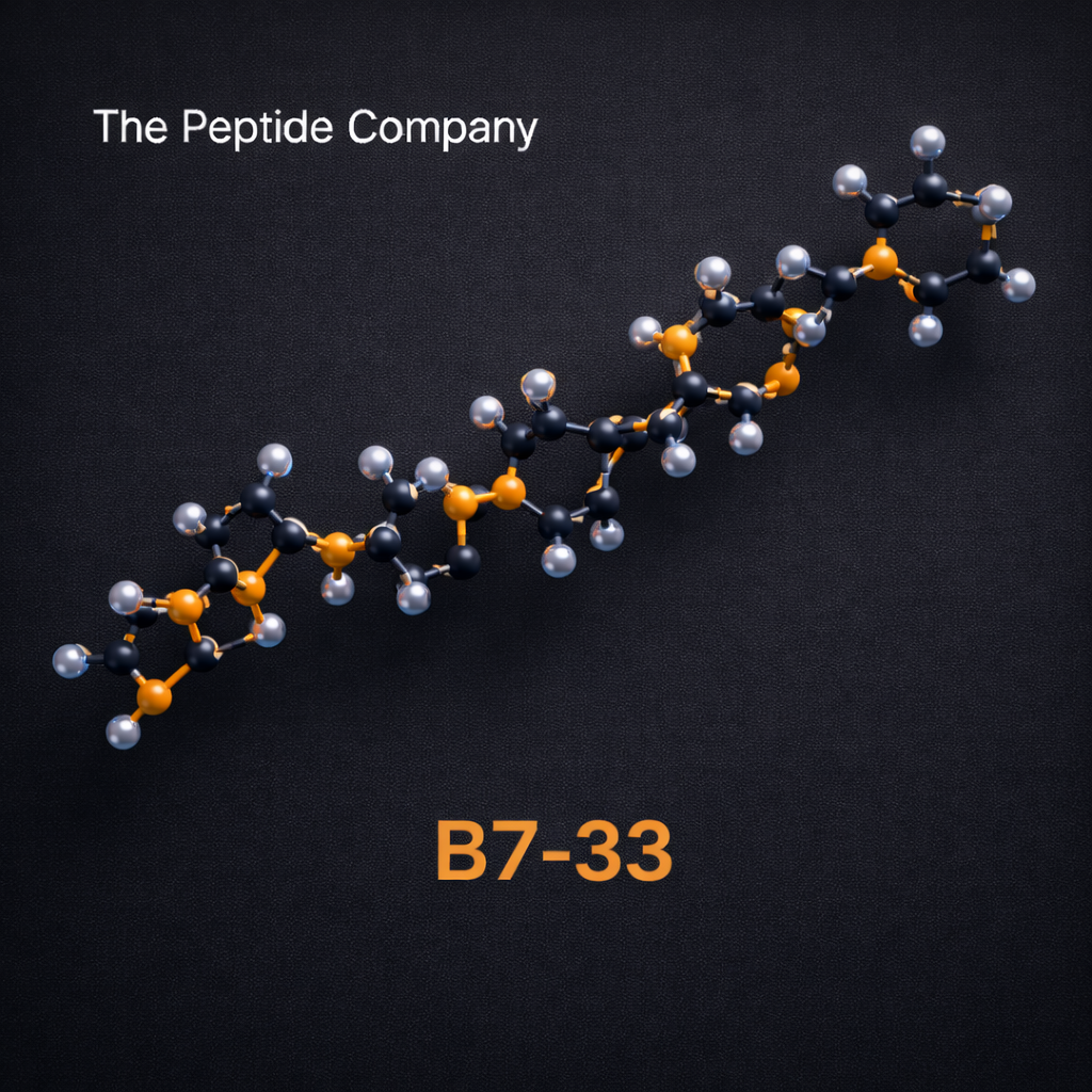 B7-33 peptide molecular structure illustrating relaxin receptor (RXFP1) signaling research compound on neutral background
