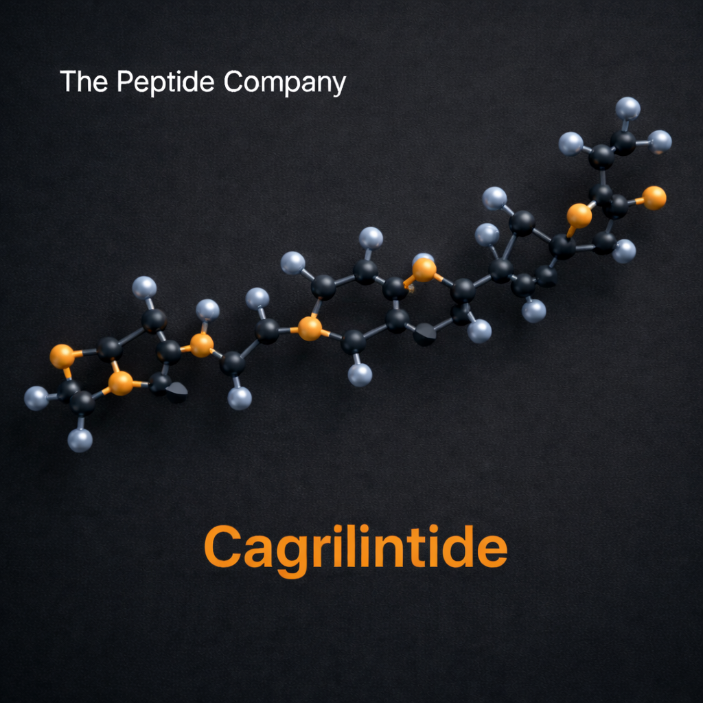 3D molecular structure illustration of Cagrilintide, an amylin receptor agonist research compound, shown as a ball-and-stick model on a dark background.
