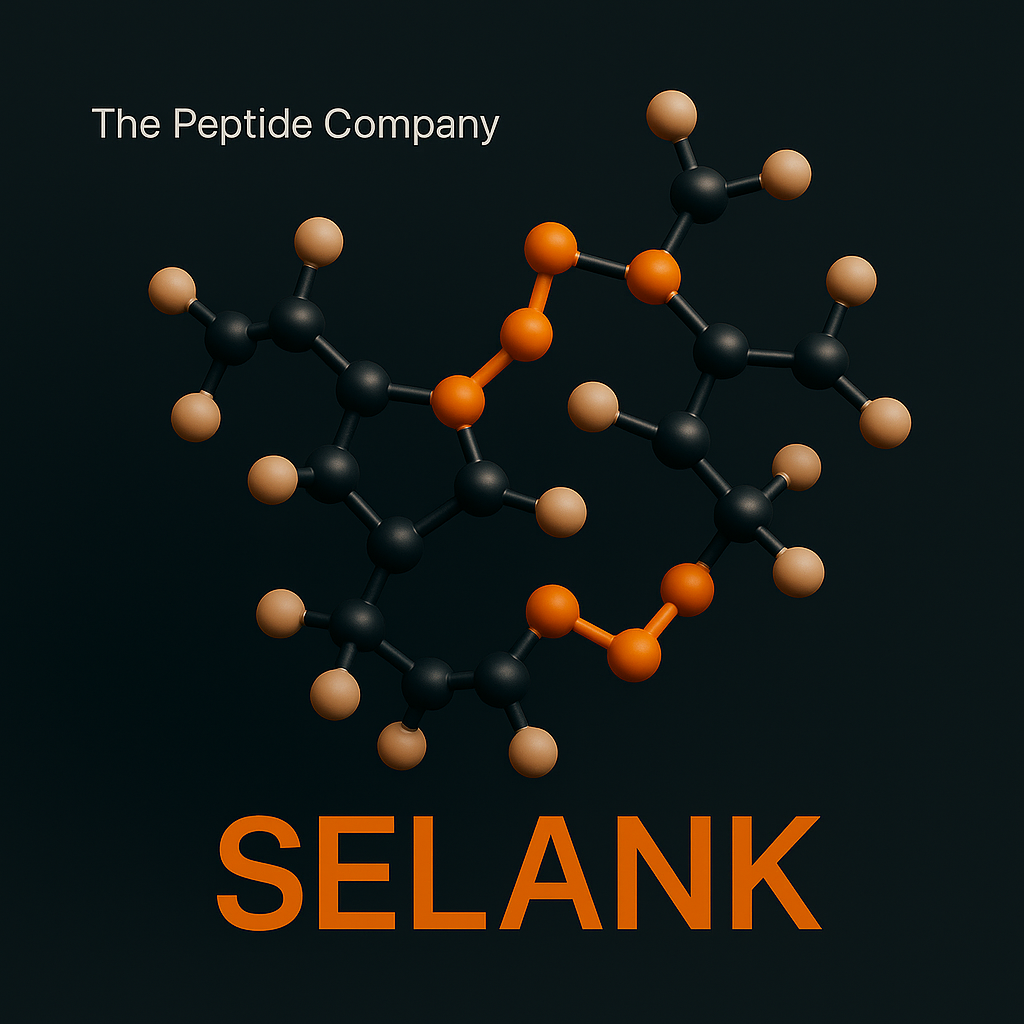 3D molecular structure illustration of Selank, a synthetic heptapeptide derived from tuftsin, shown as a ball-and-stick model on a dark background.
