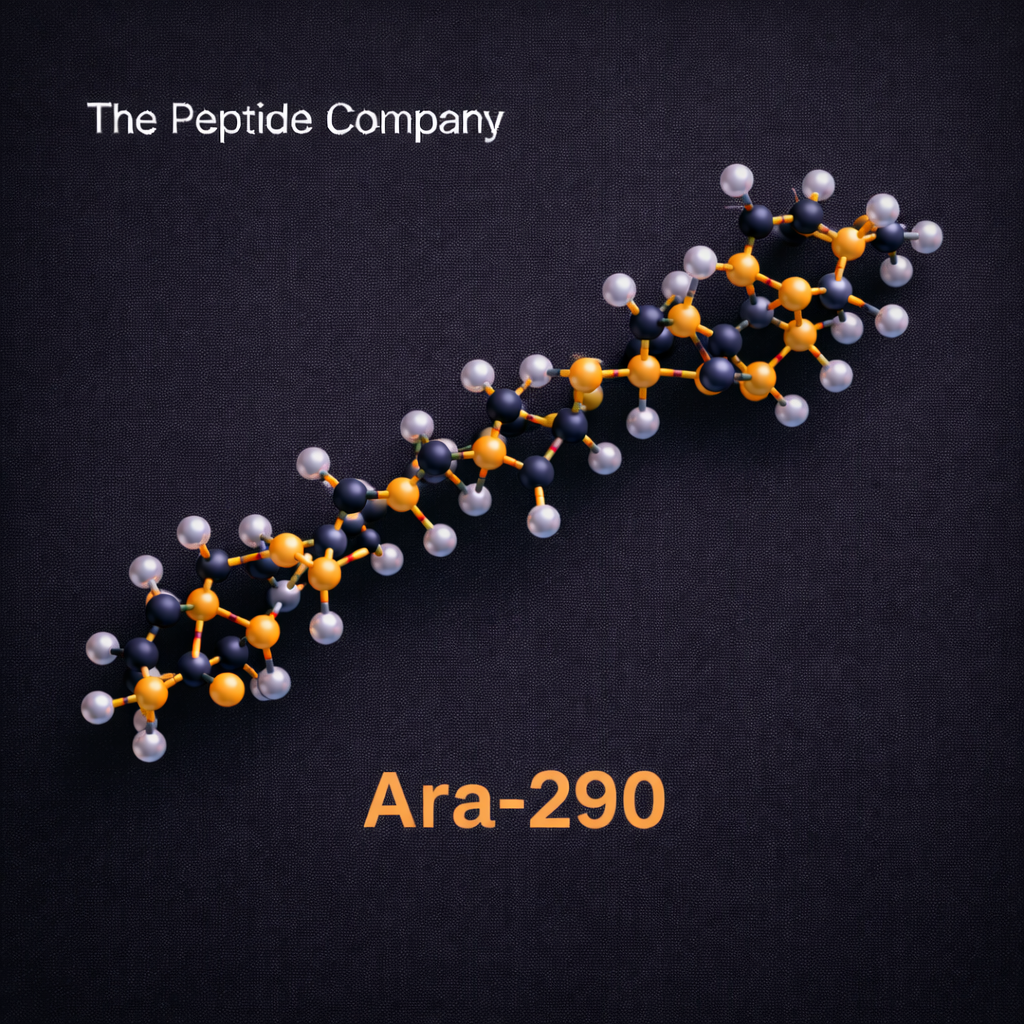 3D molecular structure visualization of Ara-290, an erythropoietin-derived research peptide, shown against a dark background and associated with tissue protection and neuropathic repair mechanisms.
