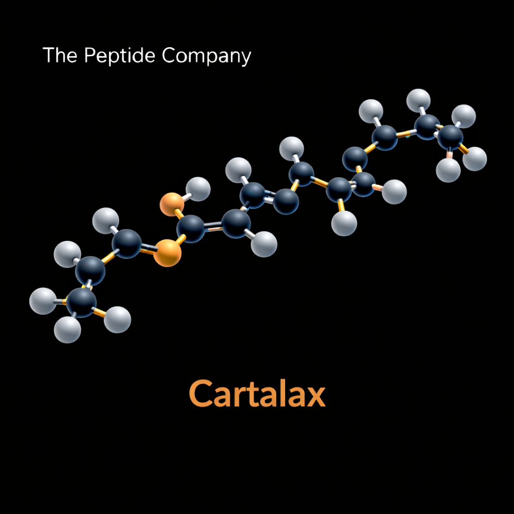 3D molecular structure of Cartalax, a cartilage-specific bioregulatory peptide, rendered on a black background with orange and silver atoms.