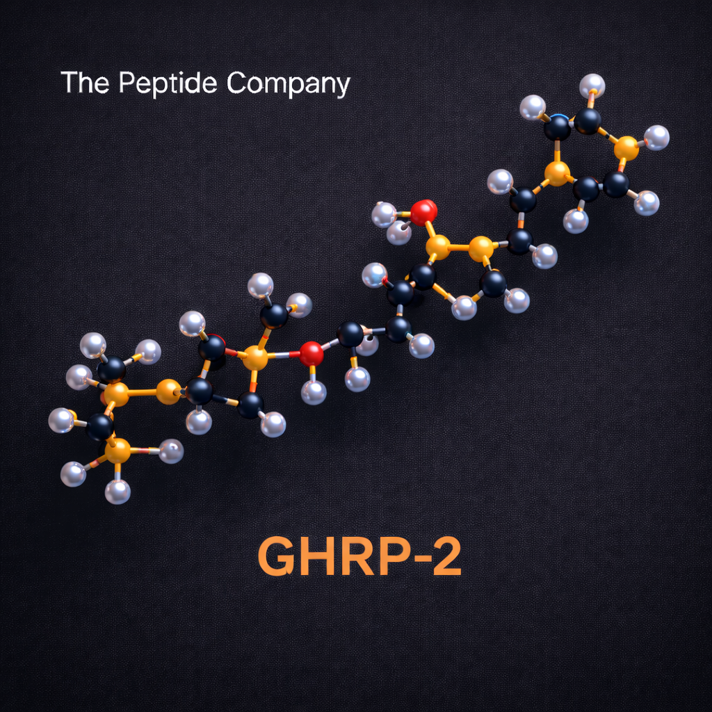 3D molecular structure visualization of GHRP-2, a growth hormone–releasing research peptide, displayed on a dark background and associated with pituitary axis modulation and ghrelin receptor activation.