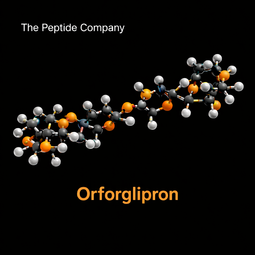 3D molecular structure of Orforglipron, an oral small-molecule GLP-1 receptor agonist, rendered on a black background with orange and silver atoms