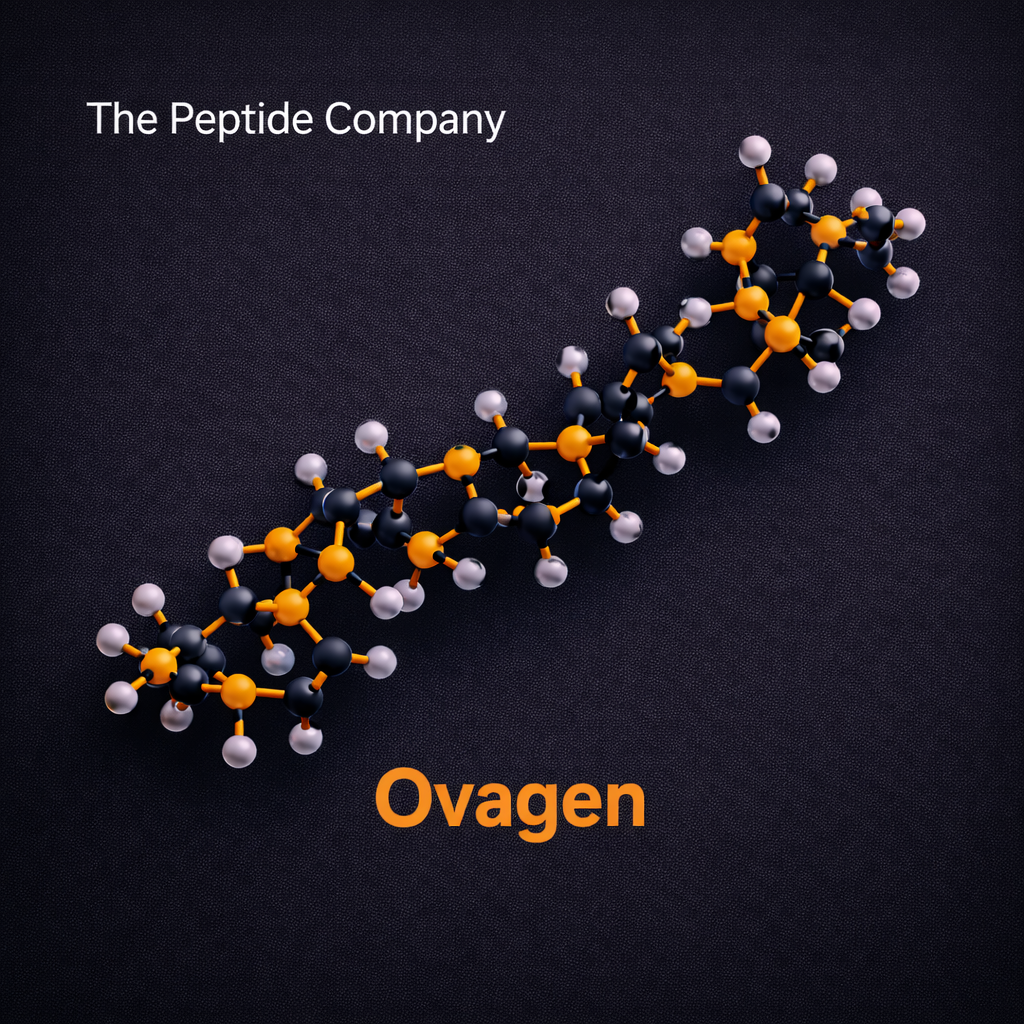 3D molecular structure of Ovagen, an ovarian bioregulator peptide, rendered in silver and orange on a neutral background