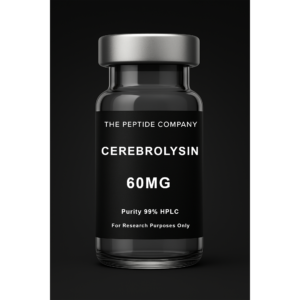 Cerebrolysin peptide complex molecular structure rendered in 3D with silver-blue and orange elements on a black background, labeled “The Peptide Company” and “Cerebrolysin”