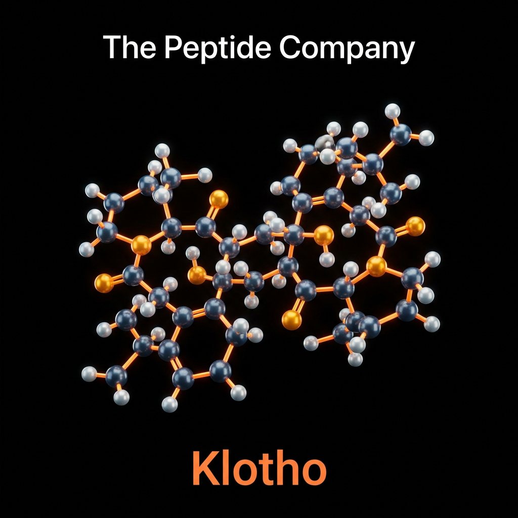 Klotho protein molecular structure rendered in 3D with silver-blue and orange atoms on a black background, labeled ‘The Peptide Company’ at the top and ‘Klotho’ at the bottom