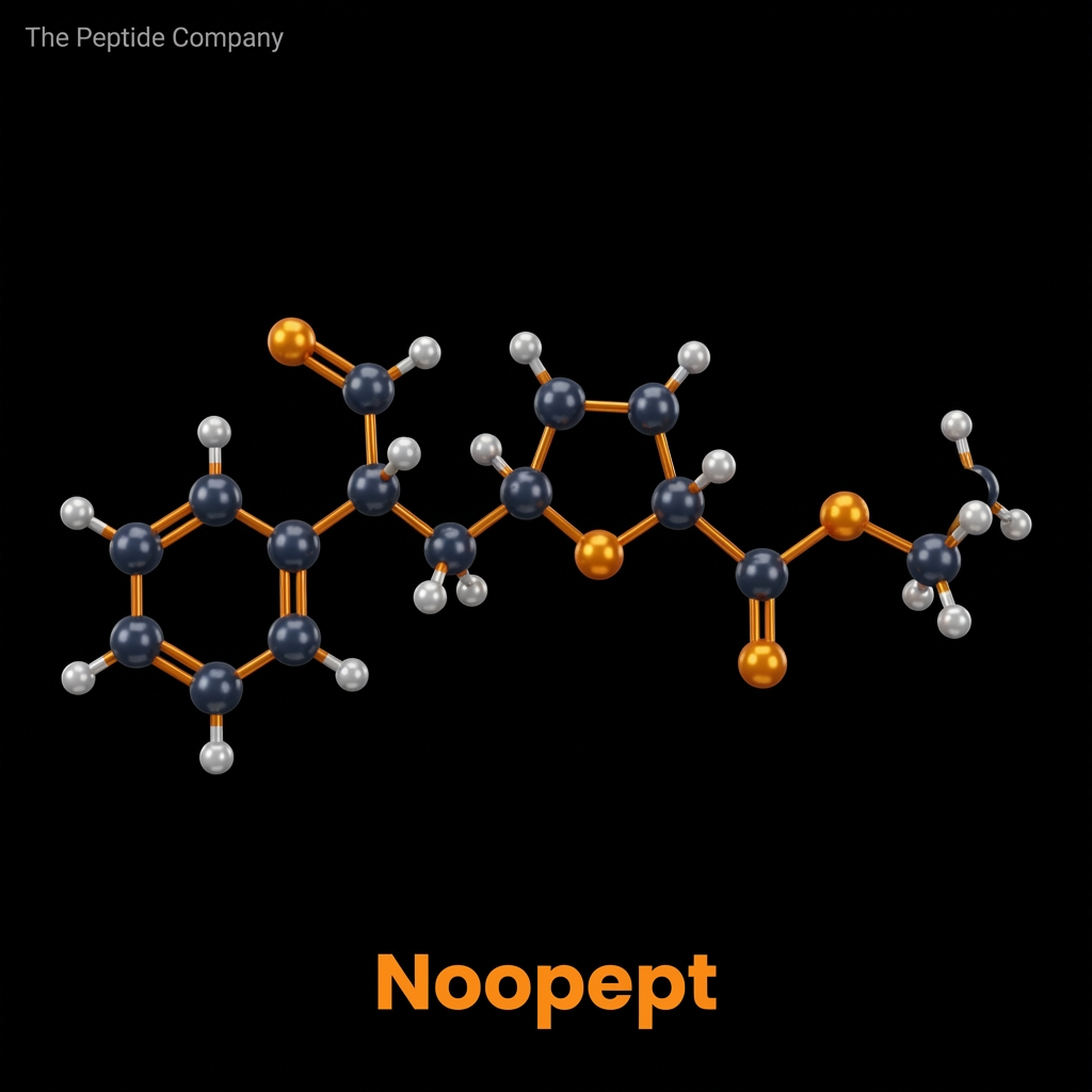 Noopept molecular structure rendered in 3D with silver-blue and orange atoms on a black background, labeled “The Peptide Company” at the top and “Noopept” at the bottom.