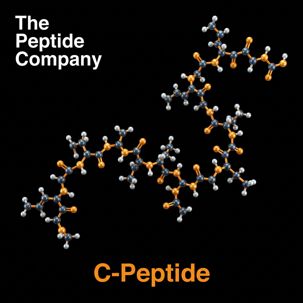 3D molecular structure visualization of C-peptide on a black background with silver-blue molecular elements and orange glow accents, highlighting its amino acid chain and labeled “C-Peptide” in a high-contrast scientific design.