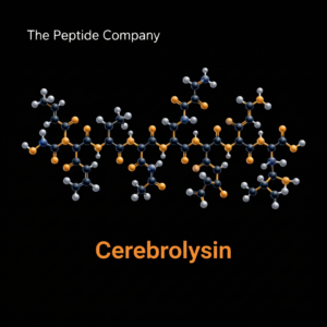 Cerebrolysin molecular structure displayed on a black background with “The Peptide Company” branding and the label “Cerebrolysin” in orange text.