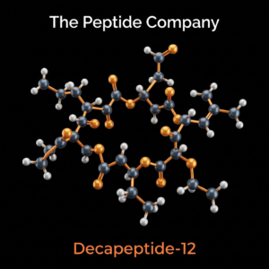 Decapeptide-12 molecular structure visualization with peptide chain detail on black background representing melanogenesis and tyrosinase inhibition pathways in dermatological research