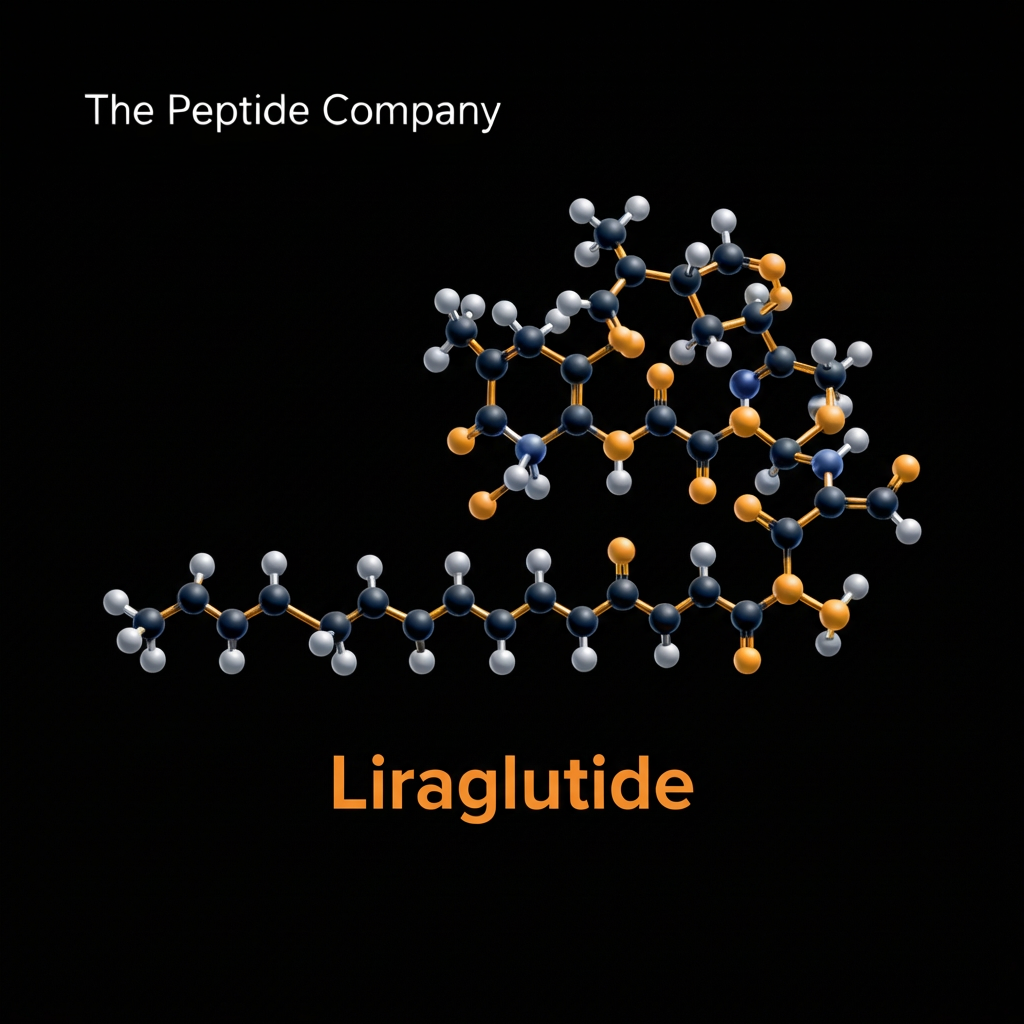 3D molecular structure visualization of liraglutide on a black background with orange and silver-blue atoms, labeled “Liraglutide” with The Peptide Company branding.