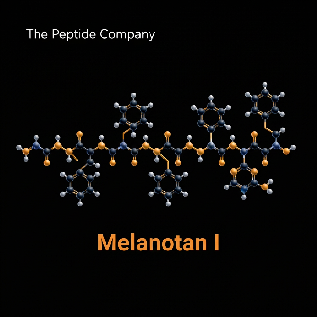 3D molecular structure visualization of Melanotan I on a black background with silver-blue and orange molecular elements, highlighting its peptide chain and labeled “Melanotan I” in a high-contrast scientific design.