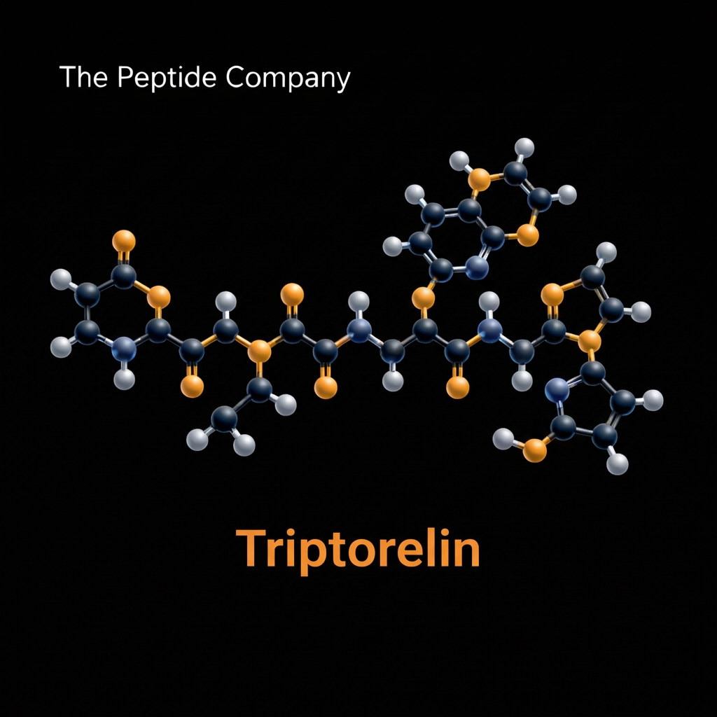 Triptorelin molecular structure displayed on a gray background with The Peptide Company branding and “Triptorelin” label.