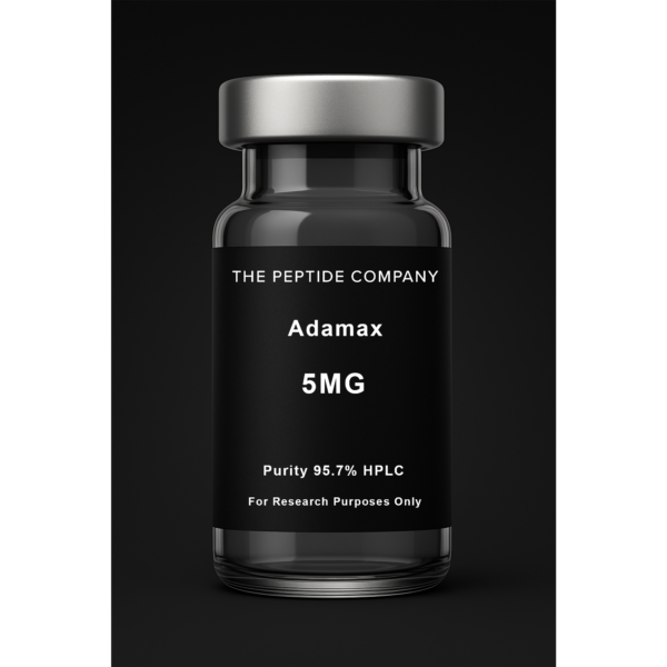 black vial of a peptide adamax 5mg produced by the peptide company