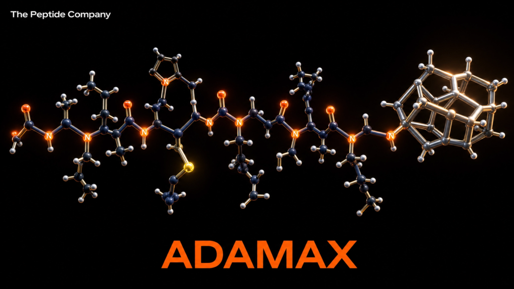 3D molecular structure visualization of Adamax on a charcoal black background with silver-blue molecular elements and orange glow accents, highlighting its peptide structure and labeled “Adamax” in a high-contrast futuristic scientific design.