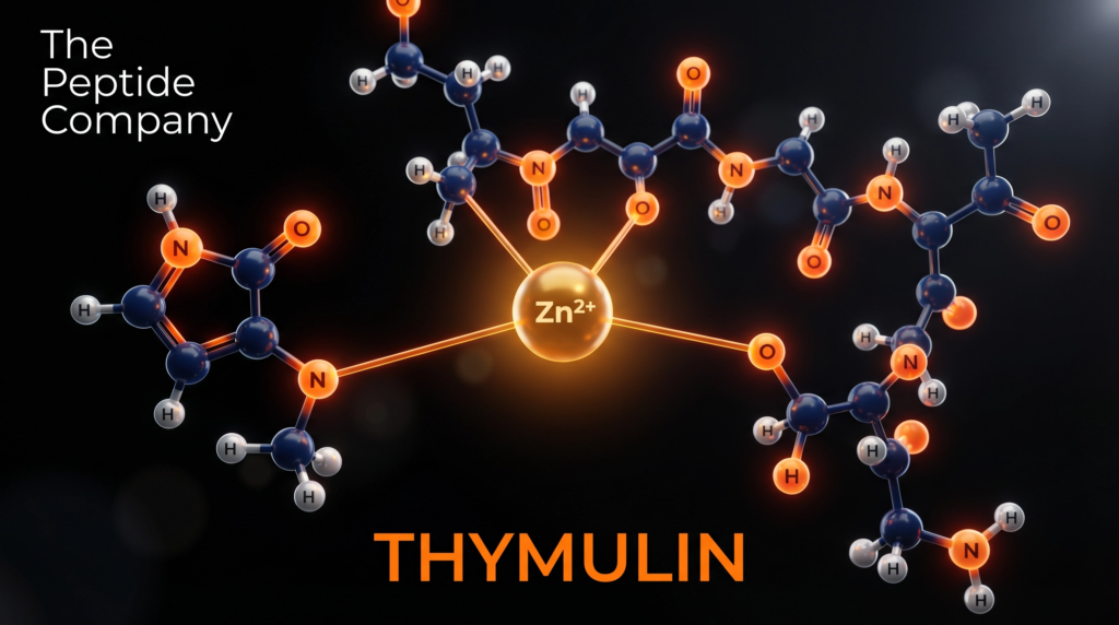 3D molecular structure visualization of Thymulin on a charcoal black background with silver-blue molecular elements and orange glow accents, highlighting its peptide structure and labeled “Thymulin” in a high-contrast futuristic scientific design.