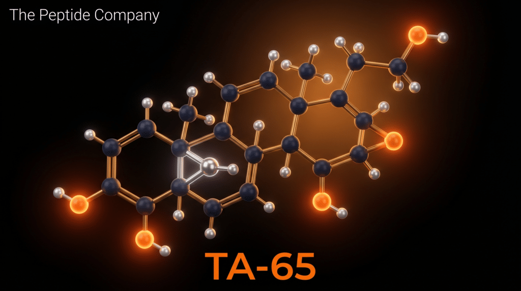 Molecular structure of TA-65 (Cycloastragenol), a triterpenoid sapogenin derived from Astragalus membranaceus, showing its pentacyclic cycloartane backbone with multiple methyl groups, hydroxyl functionality, and characteristic ring system associated with telomerase activation and cellular longevity research.
